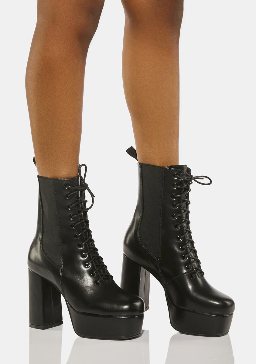 Lamoda Lace Up Elastic Heeled Booties - Black – Dolls Kill