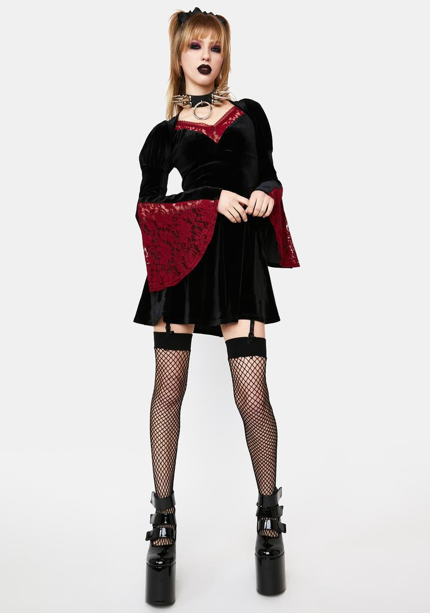 Dark In Love Black Mini Dress With Red Lace Sleeves – Dolls Kill