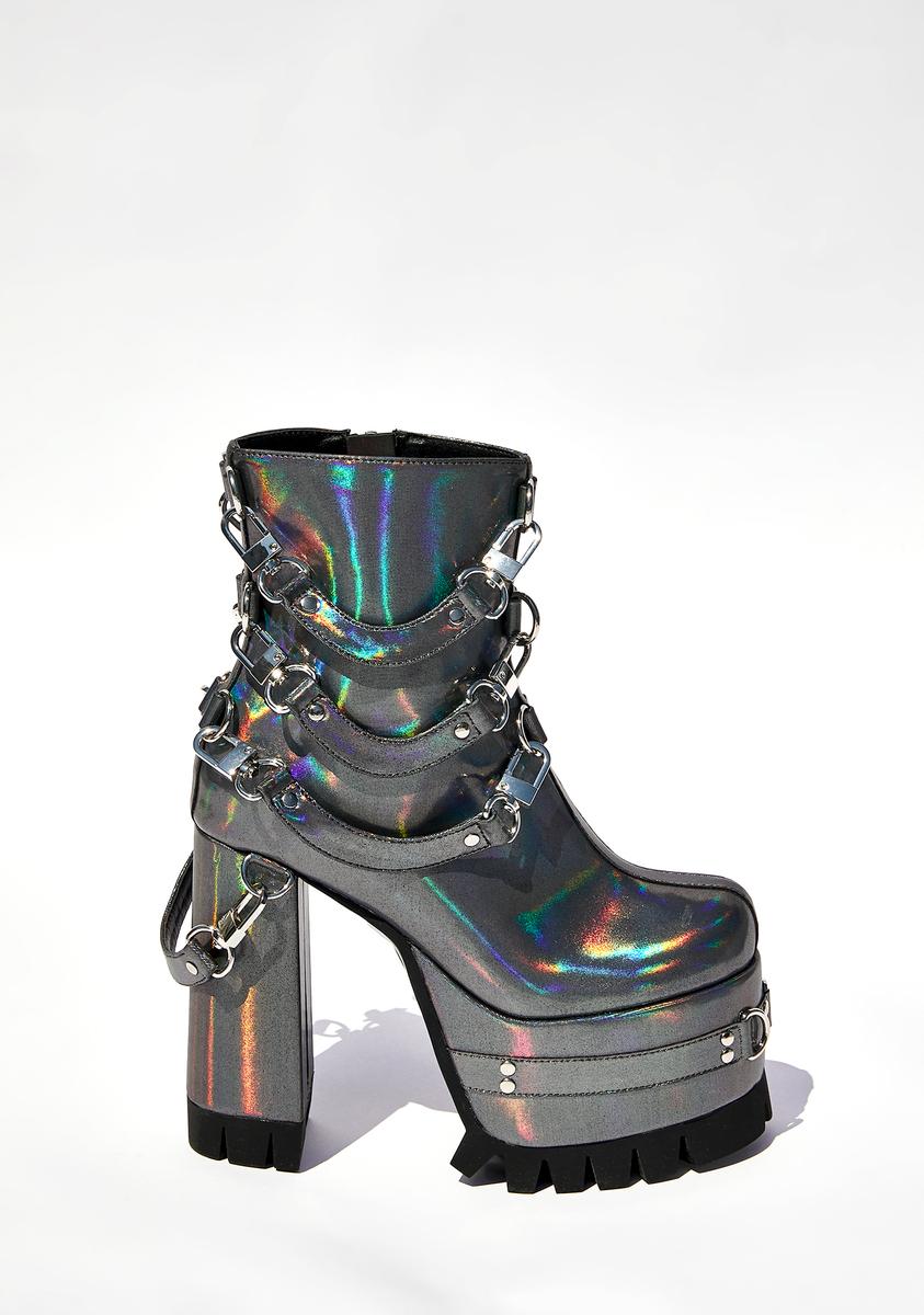 Current Mood Holographic Harness Platform Boots - Silver â Dolls Kill