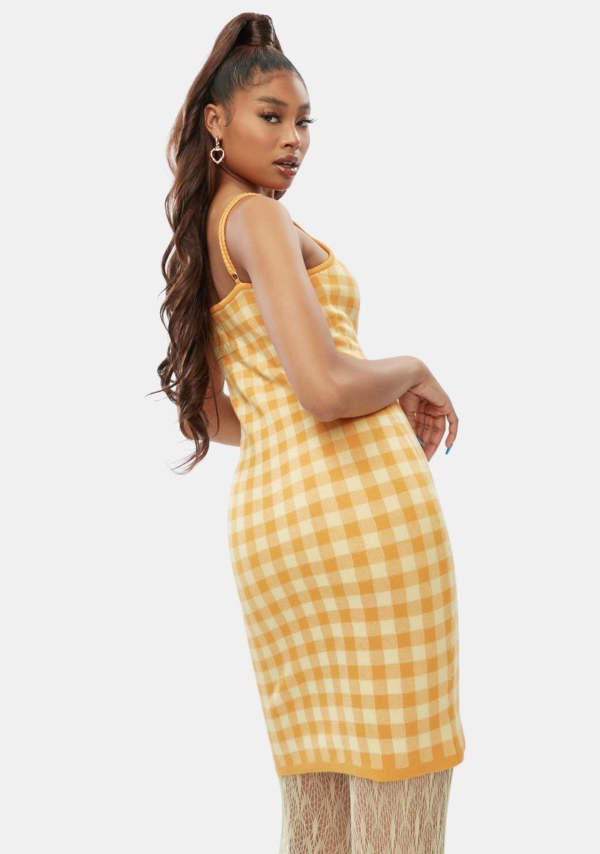 yellow gingham bodycon dress Idella Yellow Gingham U Neck Midi Dress (Archive Sale)