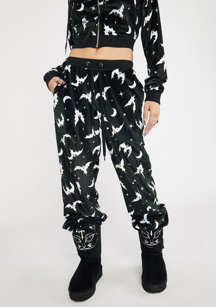 Trickz N' Treatz All Over Bat Print Velvet Track Pants - Black – Dolls Kill