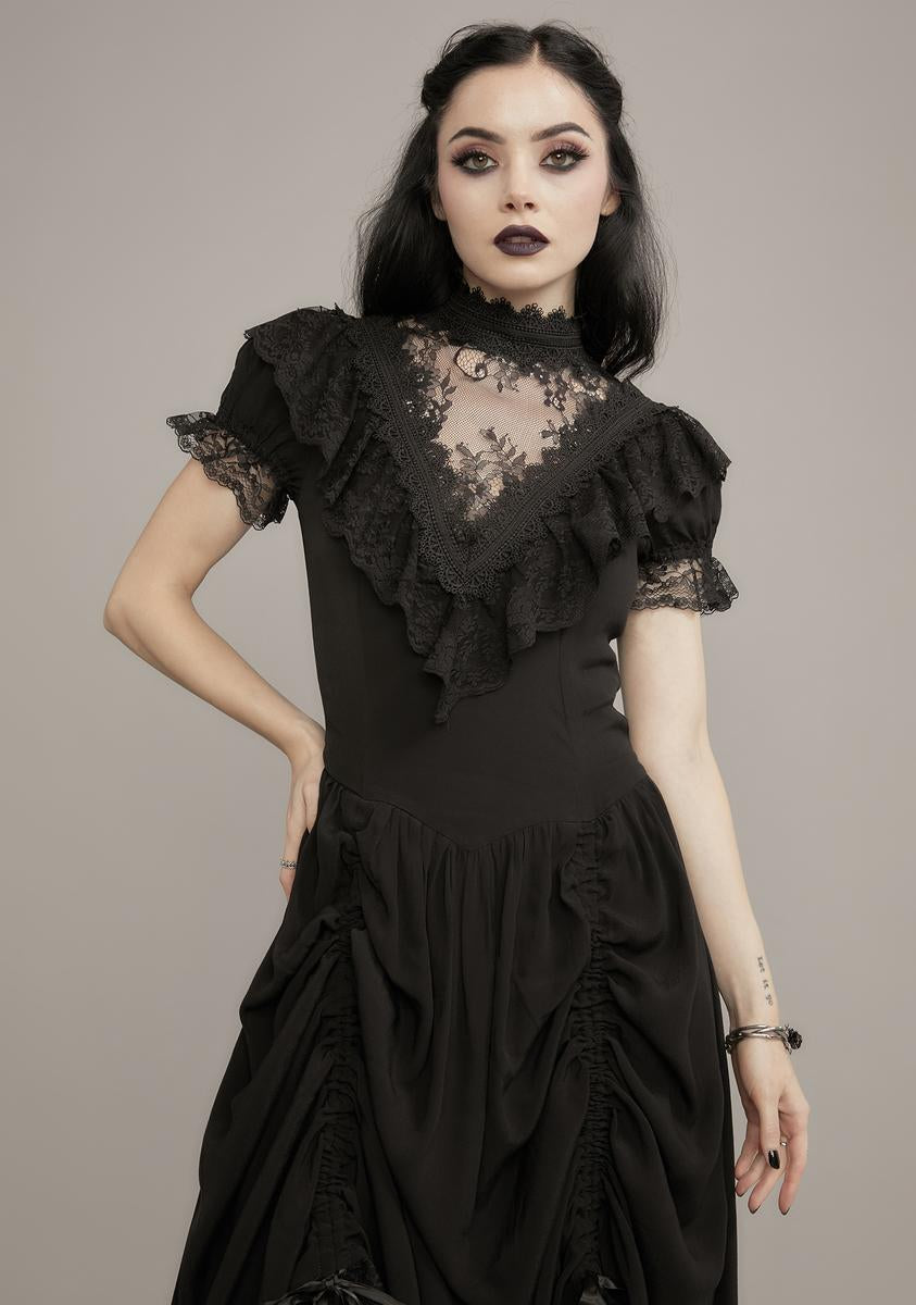 Widow Gathered Hem Maxi Dress With Lace Detailing - Black – Dolls Kill
