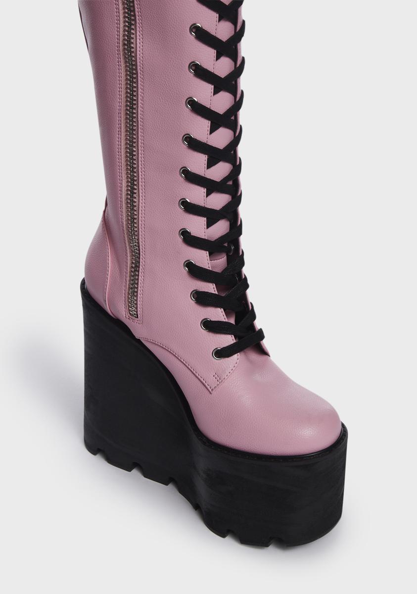 Current Mood Lace Up Knee High Wedge Platform Boots - Light Pink ...