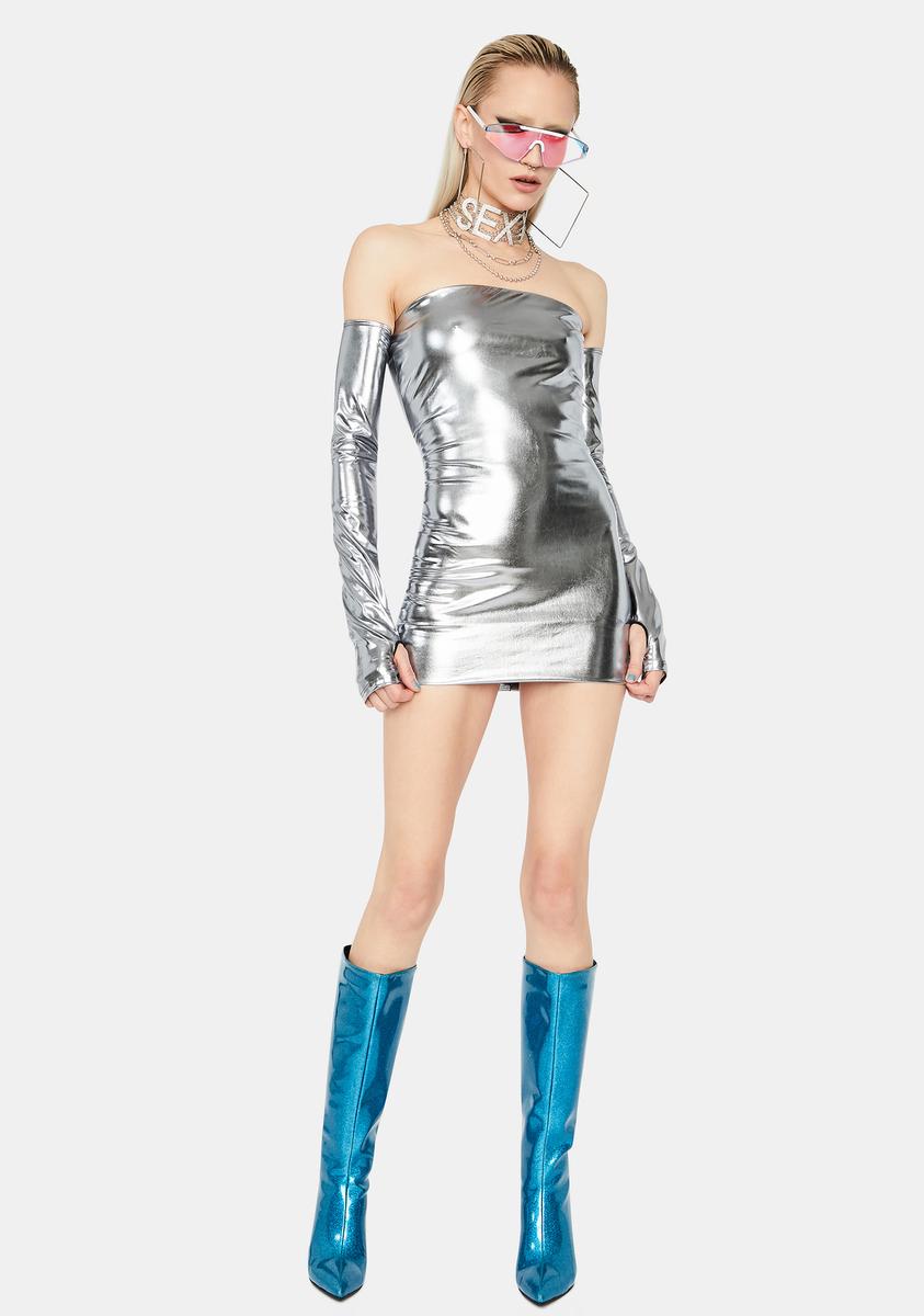 PU Bodycon Tube Dress With Fingerless Gloves - Silver Dolls Kill PU Bodycon Tube Dress With Fingerless Gloves - Silver Dolls Kill