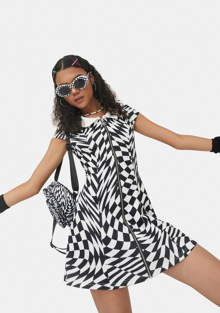 Delia's Trippy Checkered Collared Zip Front Dress - Black