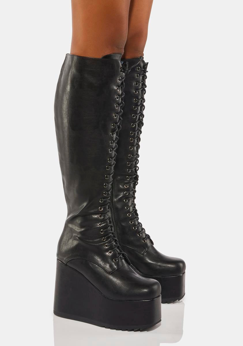 Lamoda Vegan Leather Lace Up Wedge Boots - Black – Dolls Kill