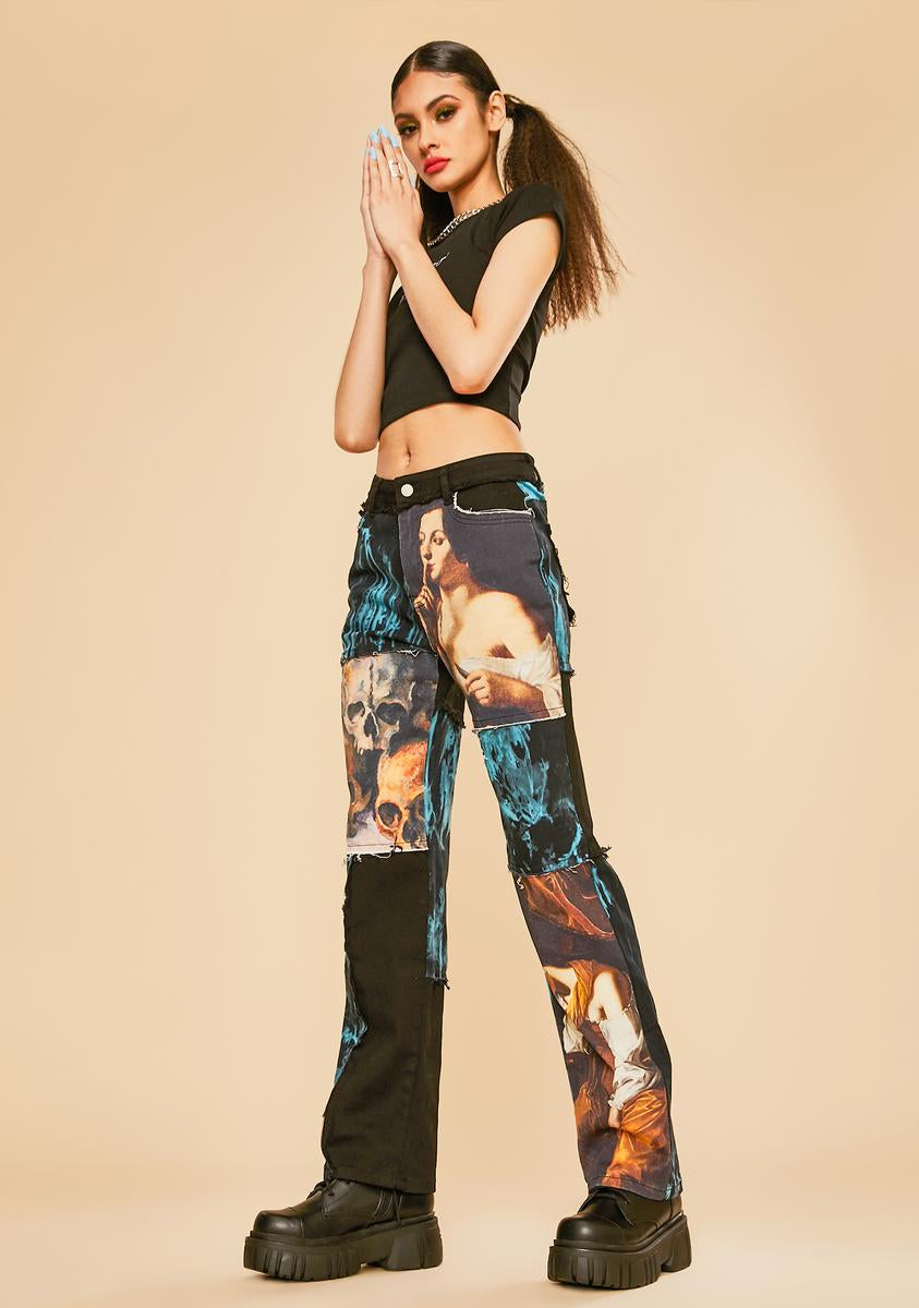 Current Mood Embroidered Patchwork Denim Flare Pants - Multi – Dolls Kill