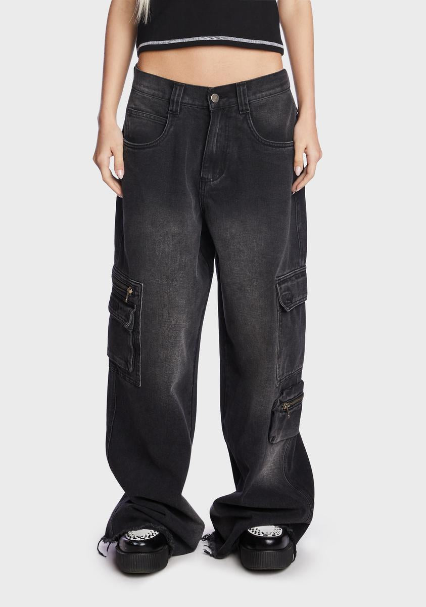 Current Mood Baggy Wide Leg Cargo Jeans - Washed Black – Dolls Kill