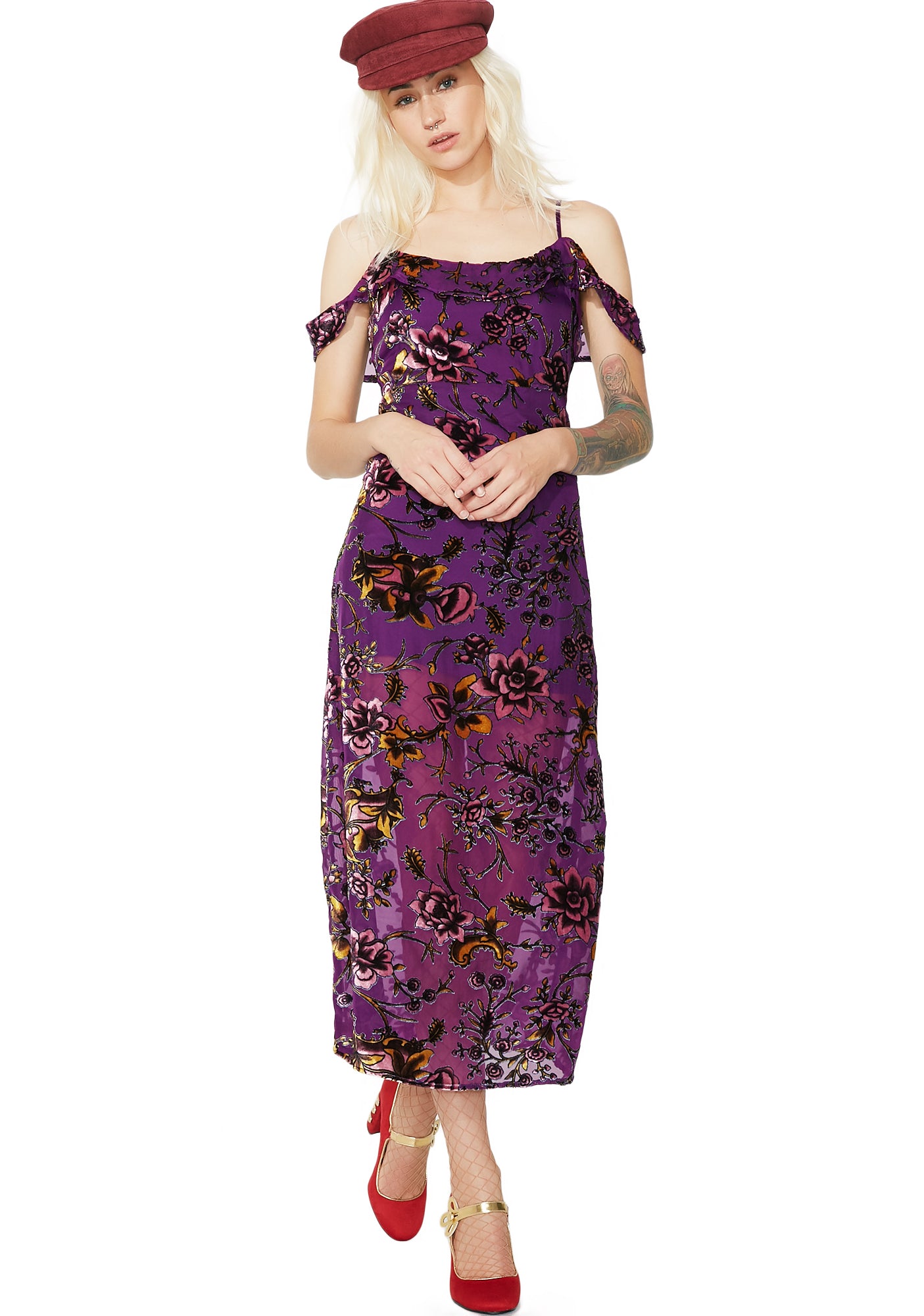 Velvet Floral Cold Shoulder Purple Midi Dress – Dolls Kill