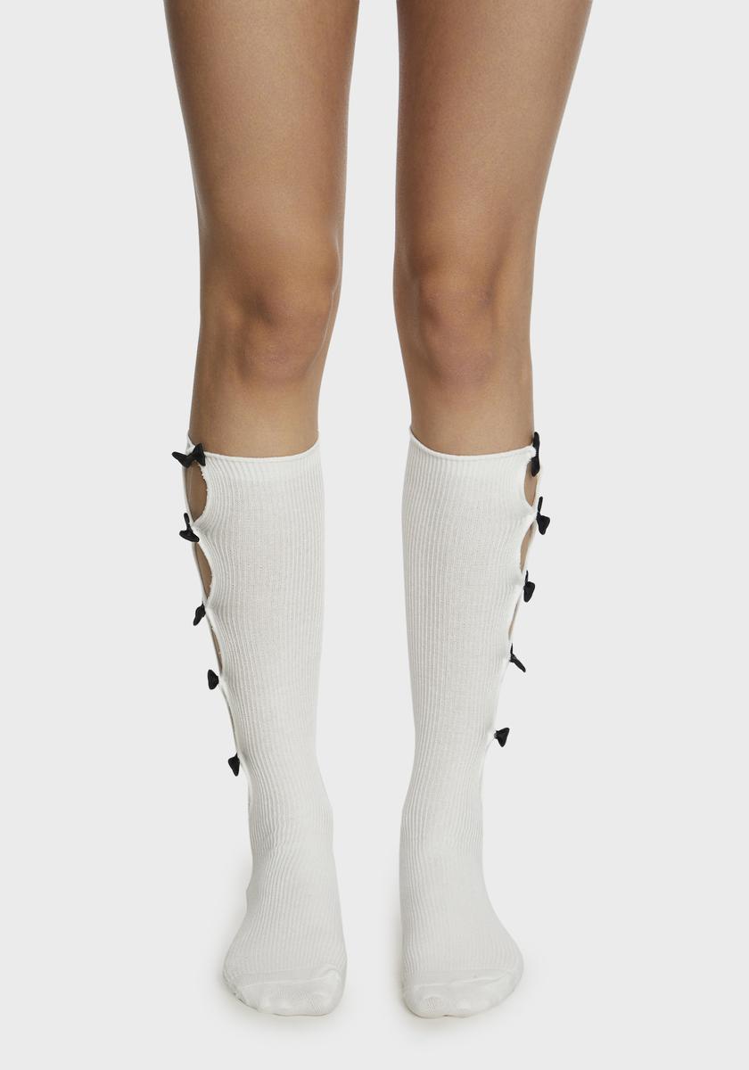 Cutout Bow Knee High Socks White Dolls Kill