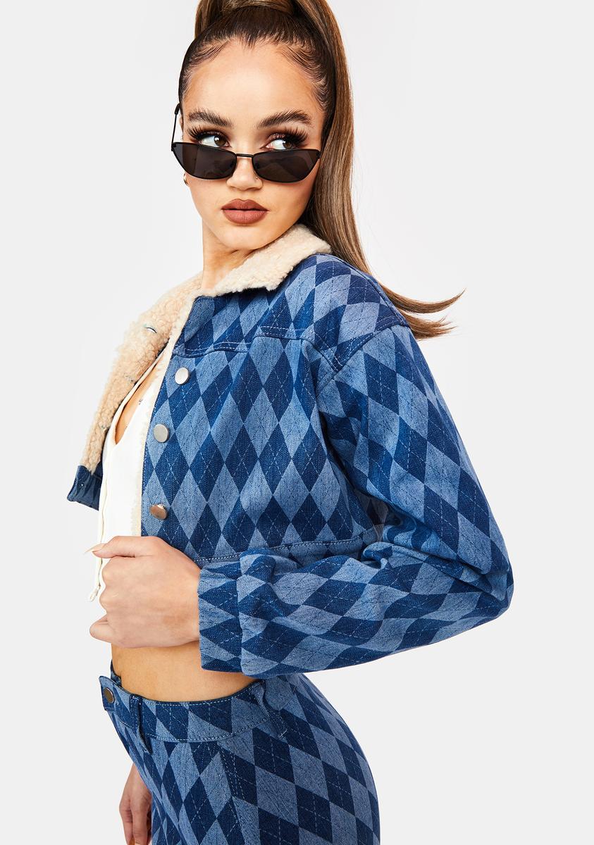 Poster Grl Argyle Denim Crop Jacket - Light Blue