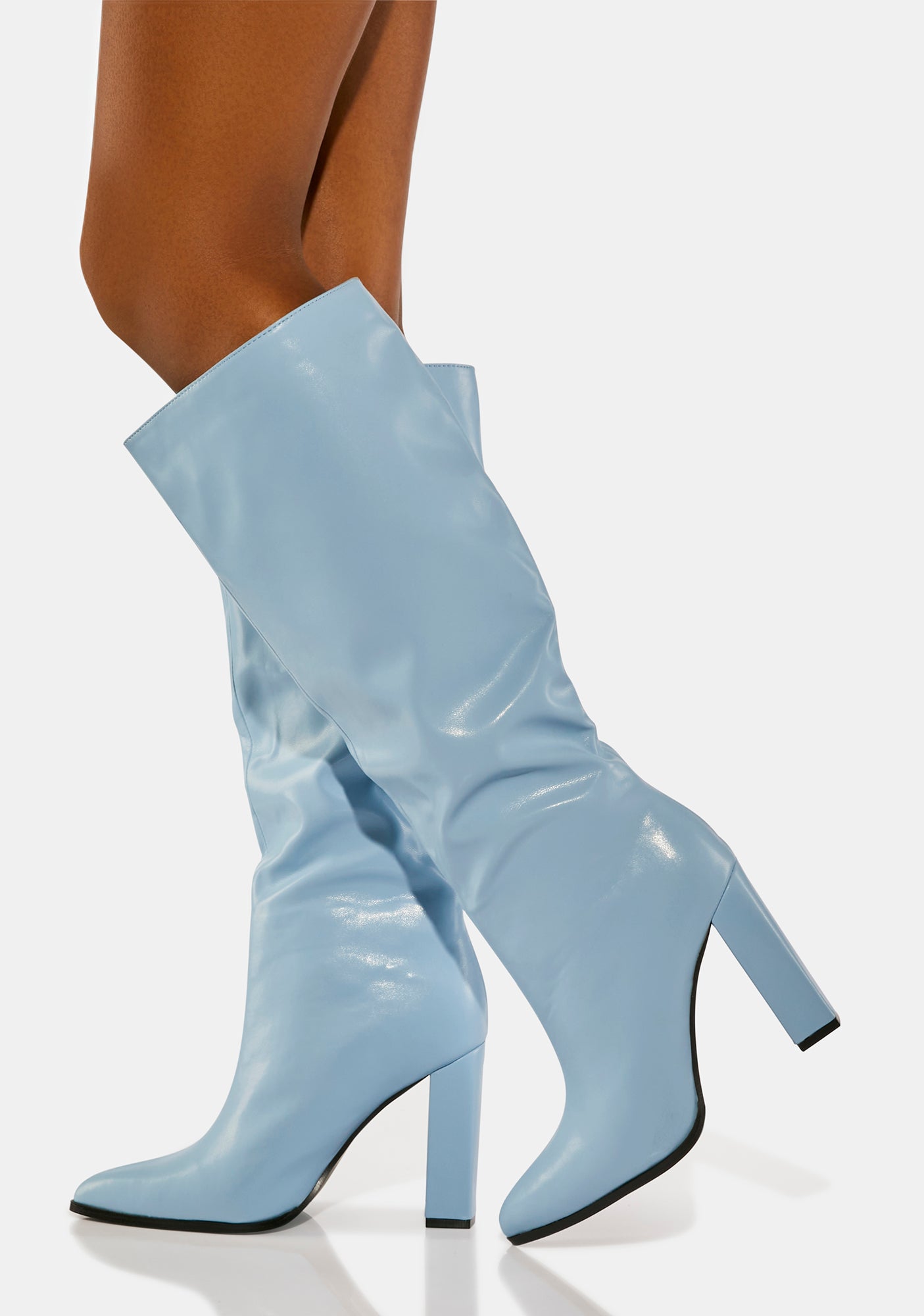 Public Desire Vegan Leather Pointed Knee High Heel Boots Blue