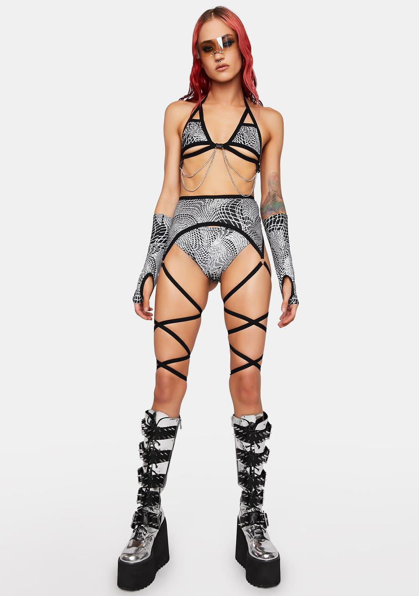 The Lyte Couture Reflective Print Leg Tie Garter Belt - Silver Dolls Kill The Lyte Couture Reflective Print Leg Tie Garter Belt - Silver Dolls Kill