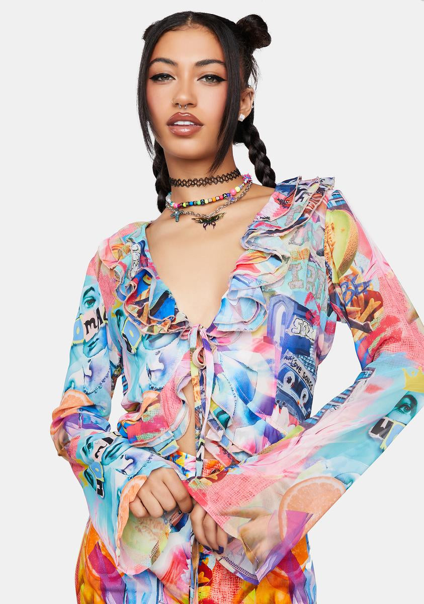 Ruffle Front Sheer Collage Shirt Elsie & Fred,New Products : American Fashion Style Bags On Sale