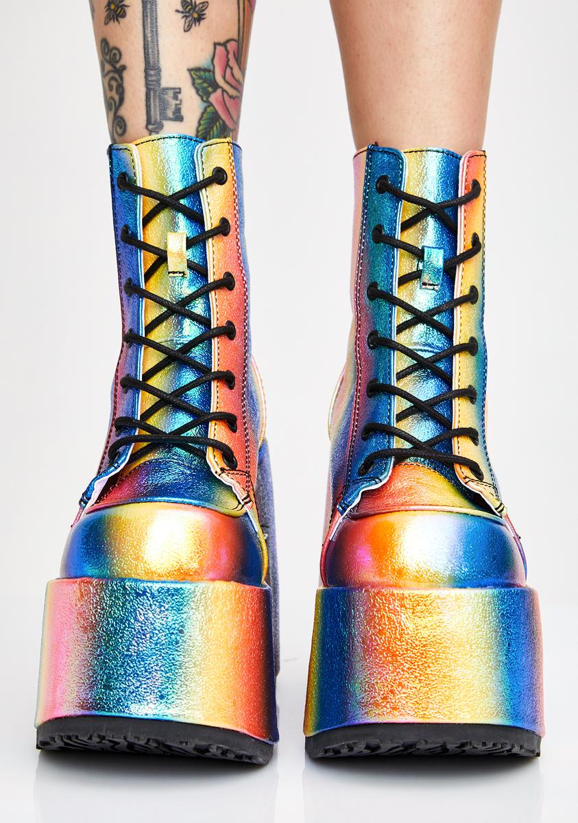 Demonia Iridescent Lace Up Platform Boots - Rainbow – Dolls Kill