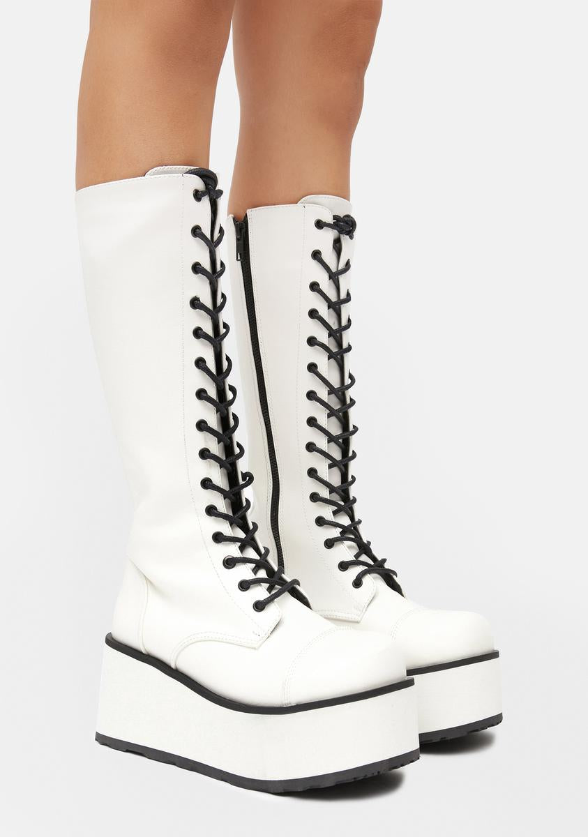 Demonia Tall Platform Lace Up Boots - White – Dolls Kill