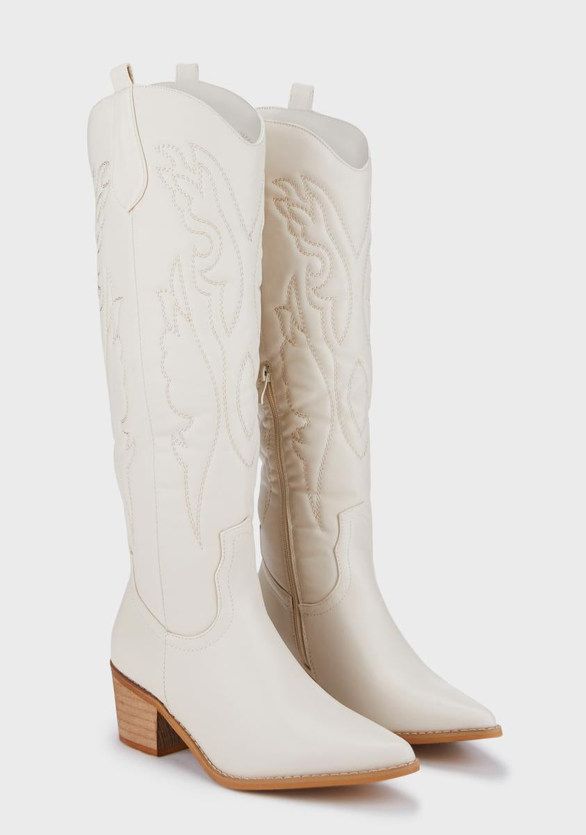 Vegan Leather Knee High Stitched Cowboy Boots Off White Dolls Kill