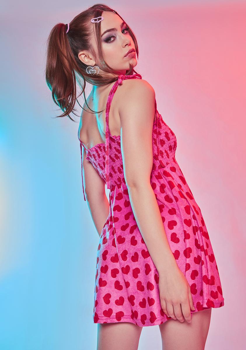 Sugar Thrillz Heart Print Smocked Mini Dress - Pink/Red