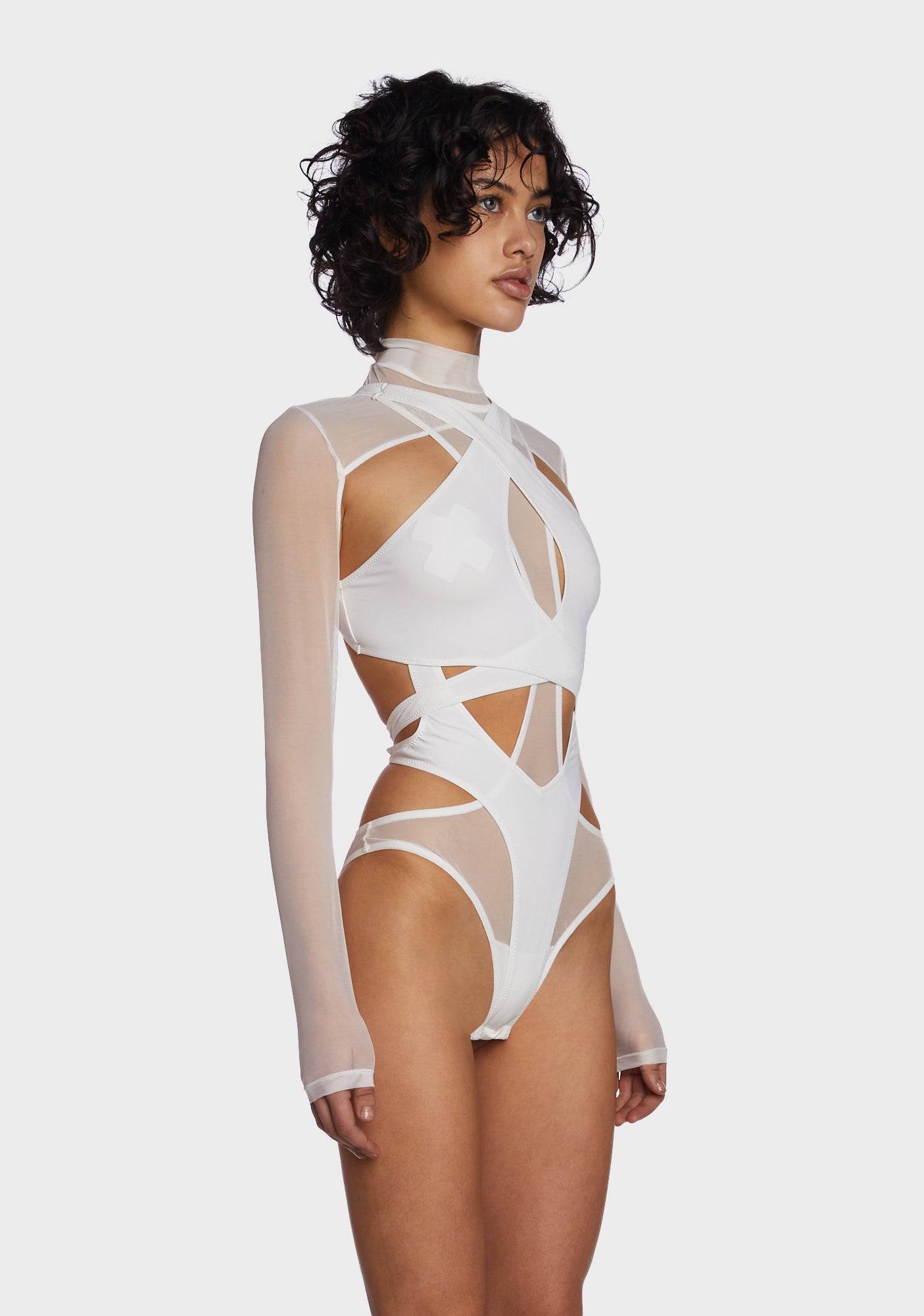 Darker Wavs Strappy Cut Out Spandex Mesh Bodysuit