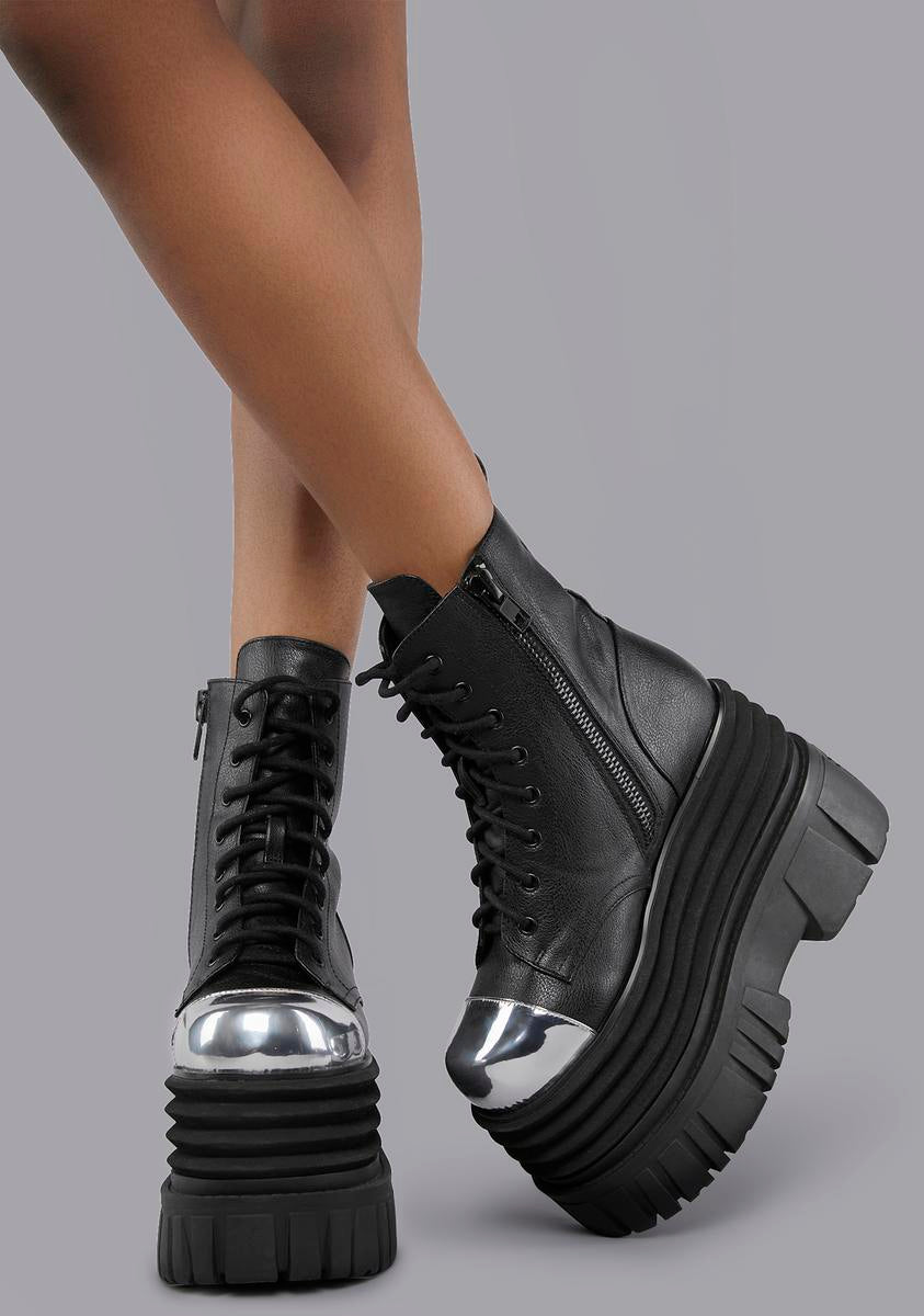 Widow Steel Toe Platform Combat Boots - Black/Silver – Dolls