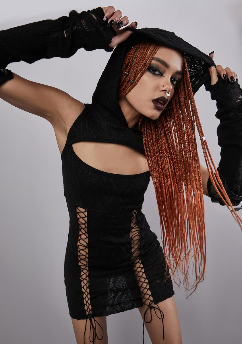 Widow Cut Out Lace Up Hoodie Dress