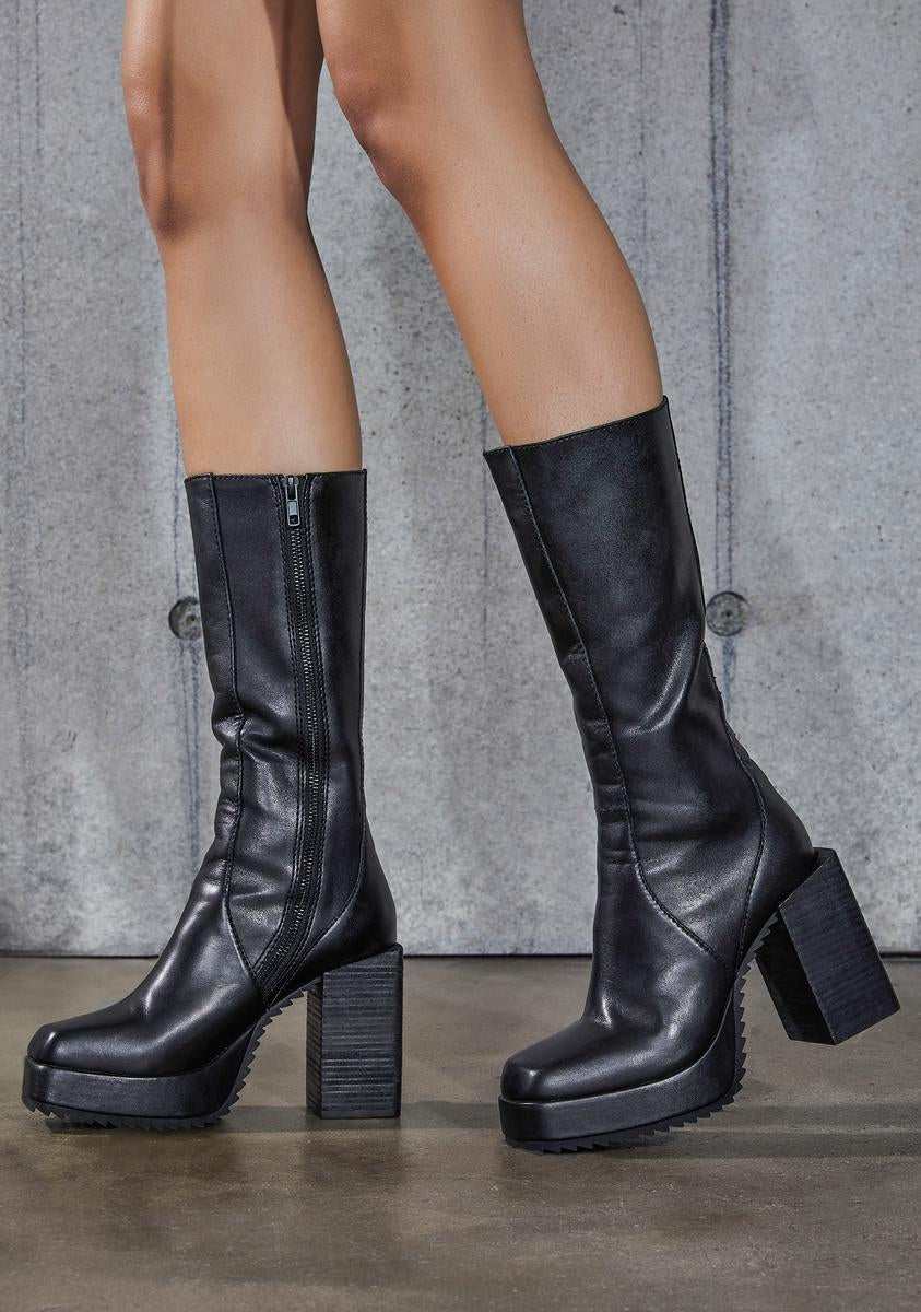 Darker Wavs Leather Square Toe Block Heel Platform Boots - Black ...