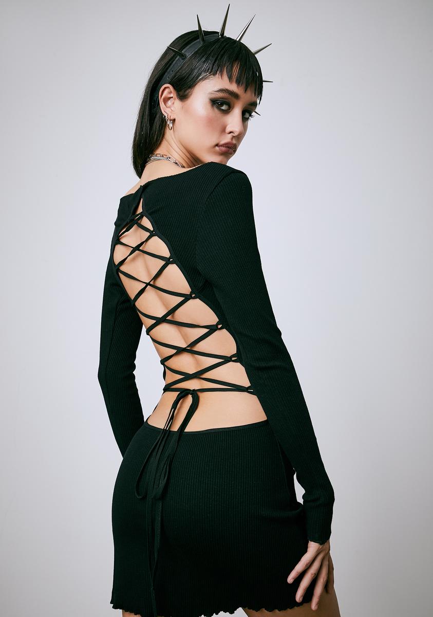 Current Mood Distressed Ribbed Open Back Mini Dress
