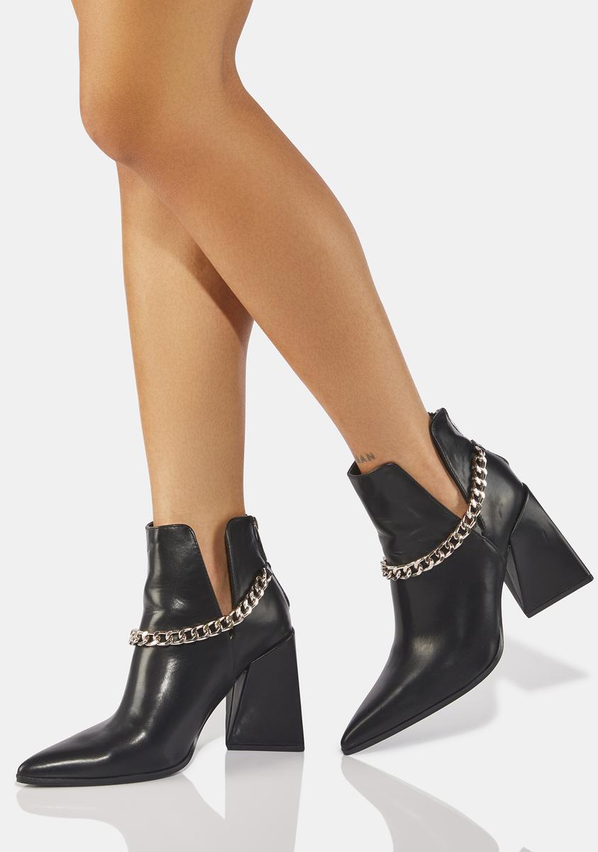 Vegan Leather Pointed Toe Chain Strap Ankle Boots - Black – Dolls Kill