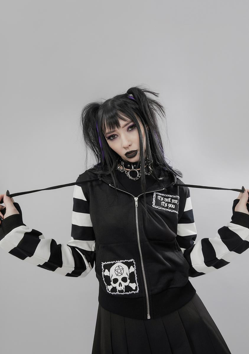 Widow Striped Zip Up Hoodie With Patches - Black/White – Dolls Kill