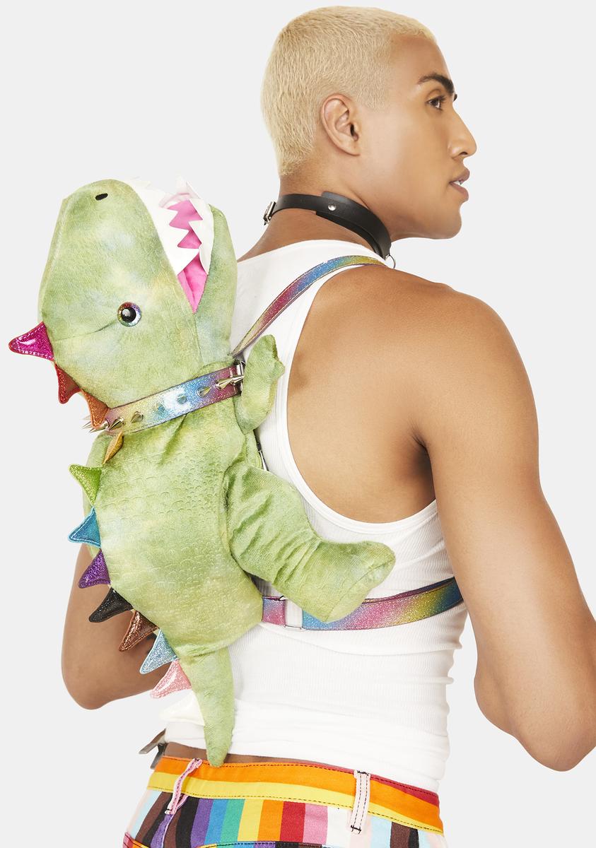 Club Exx Plush Dino Backpack - Green/Rainbow – Dolls Kill display picture 1
