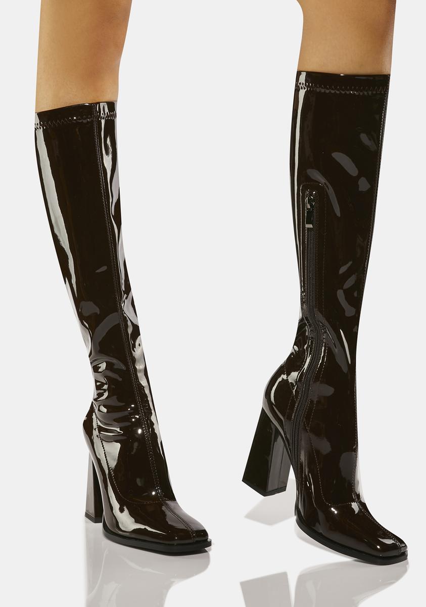 Zemeta Vegan Leather Vinyl Knee High Boots - Brown – Dolls Kill