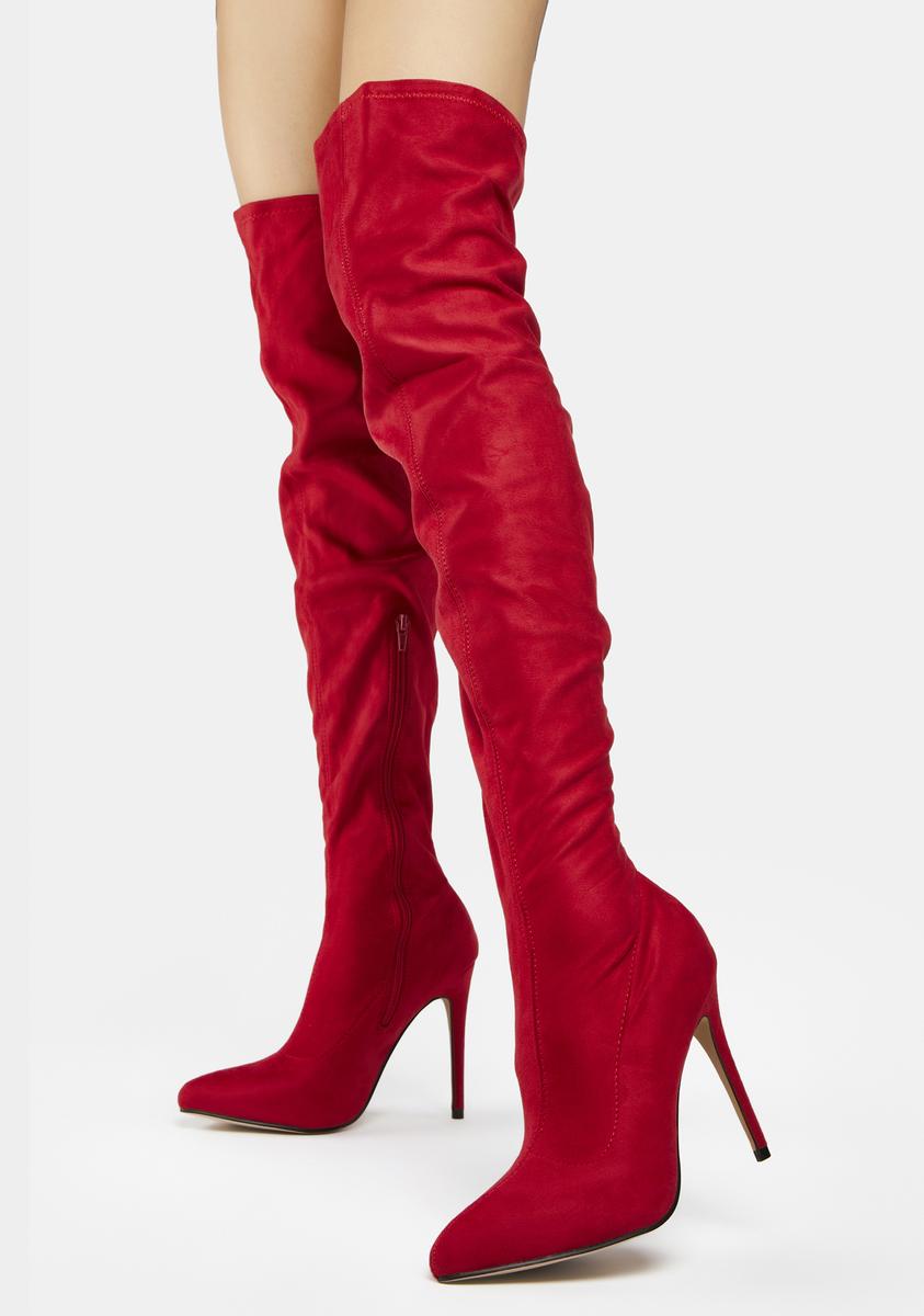 Faux Suede Thigh High Pointed Toe Stiletto Boots - Red – Dolls Kill