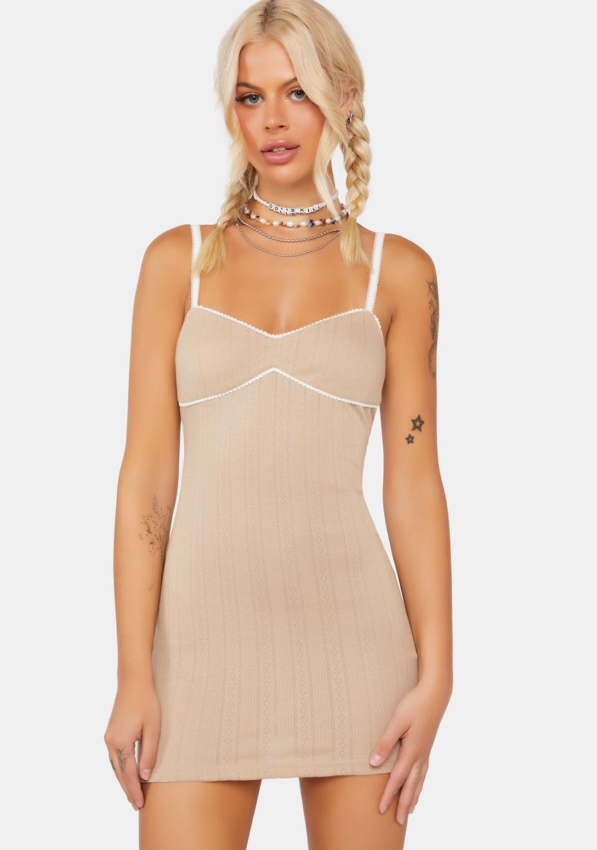 Edikted Pointelle Knit Mini Dress - Light Brown – Dolls Kill