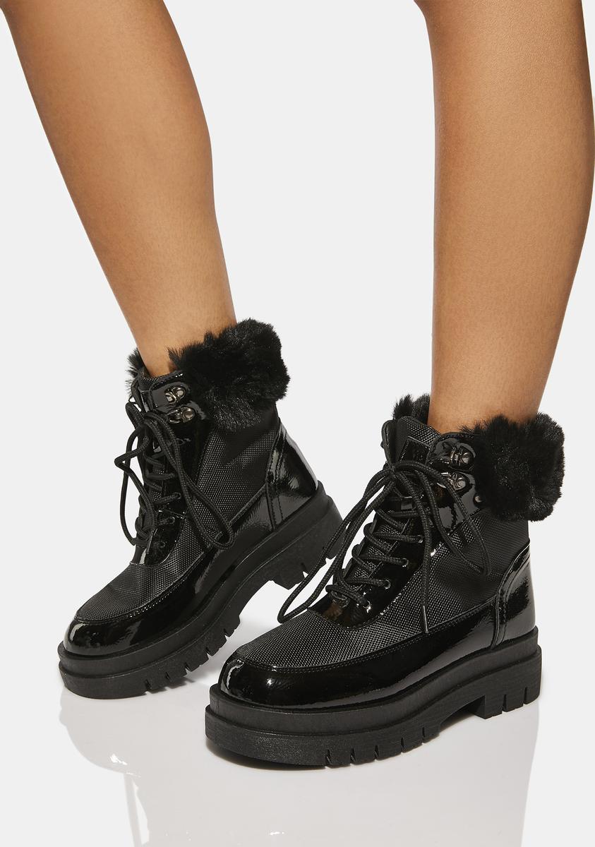 Faux Fur Trim Vegan Leather Platform Ankle Hiker Boots - Black – Dolls Kill