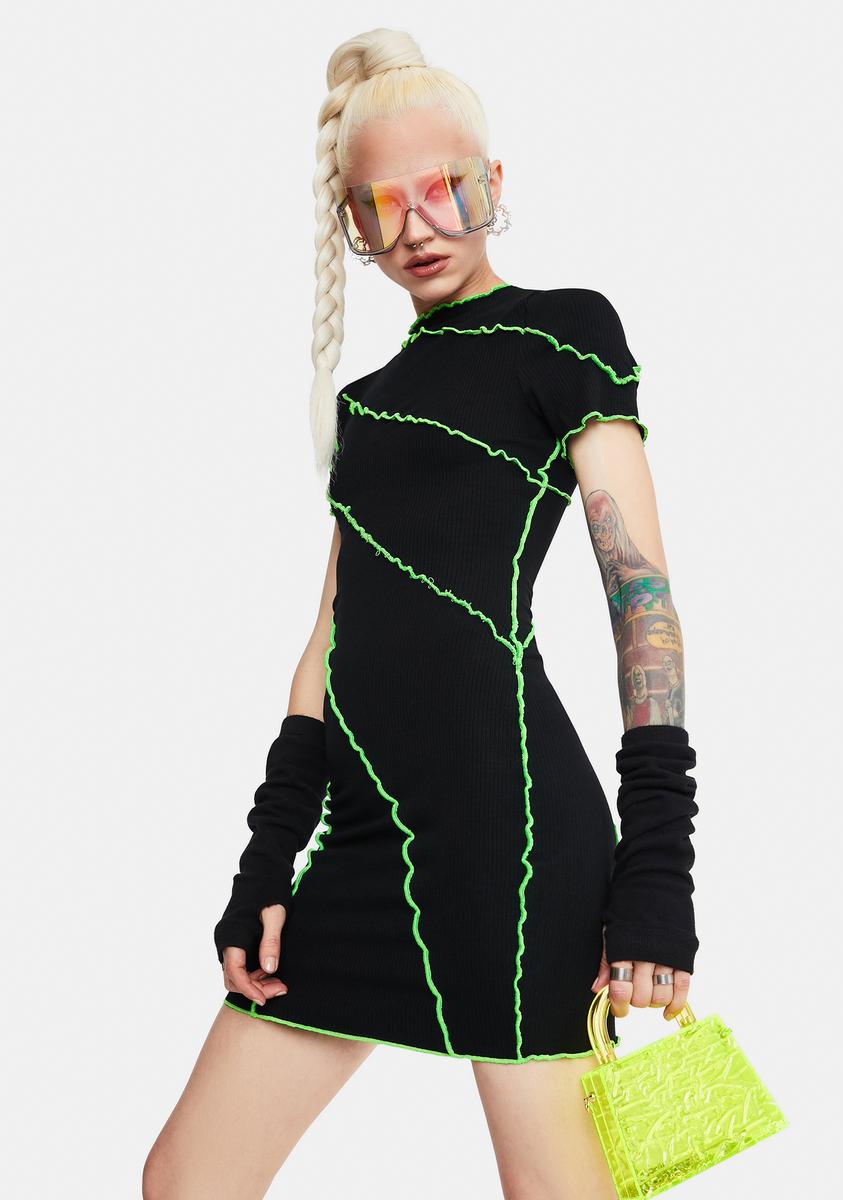 Multi Seam Lettuce Hem Short Sleeve Mini Dress - Black/Neon Green Dolls Kill Multi Seam Lettuce Hem Short Sleeve Mini Dress - Black/Neon Green Dolls Kill