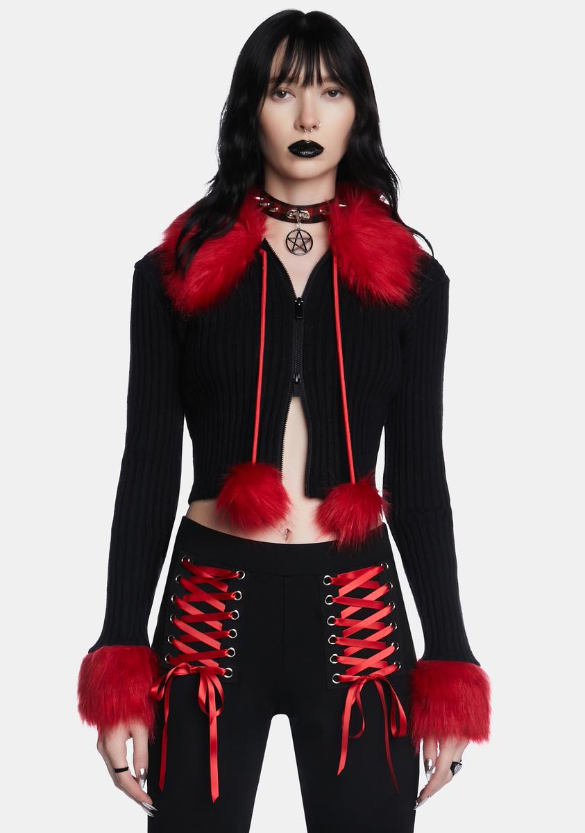 The Grave Girls Knit Ribbed Fur Trimmed Cardigan - Black/Red – Dolls Kill