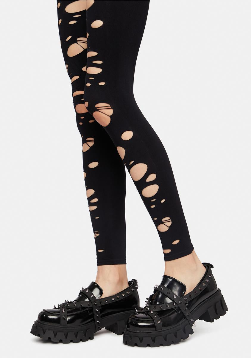 Tattered Stirrup Opaque Spandex Leggings Black Dolls Kill