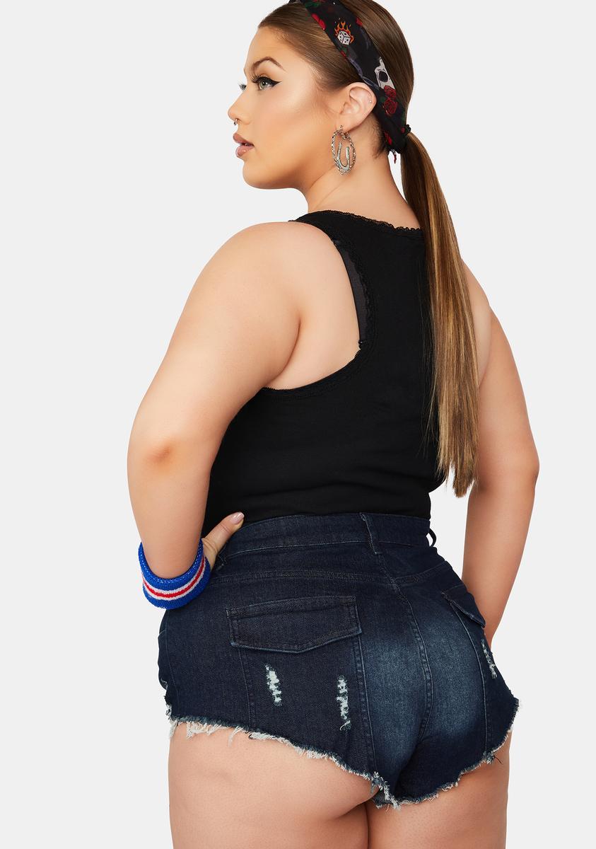 Current Mood Plus Size Mid Rise Distressed Frayed Raw Edge Hem Cheeky Denim Jean Micro Mini Shorts Blue Dolls Kill