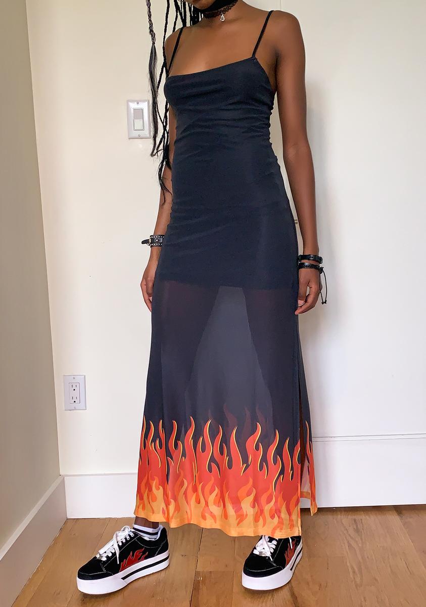 Delia's Fire Print Mesh Maxi Dress - Black Flame Dolls Kill Delia's Fire Print Mesh Maxi Dress - Black Flame Dolls Kill
