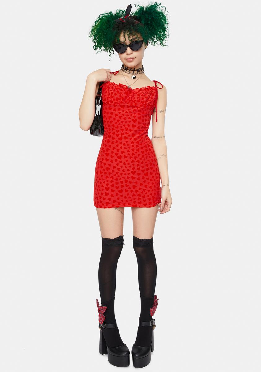 Motel Red Mesh Heart Flock Kalosa Mini Dress – Dolls Kill
