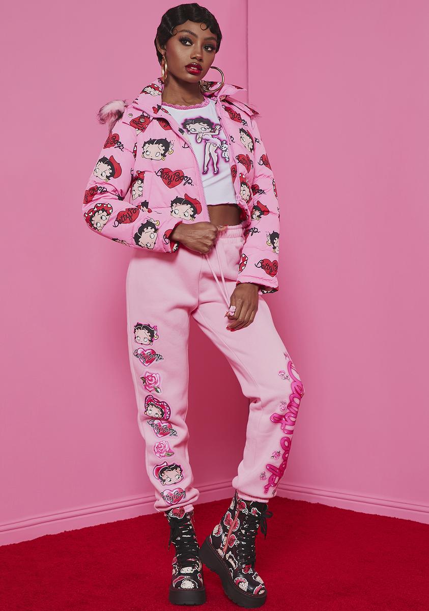 Dolls Kill x Betty Boop Cropped Puffer Jacket With Faux Fur