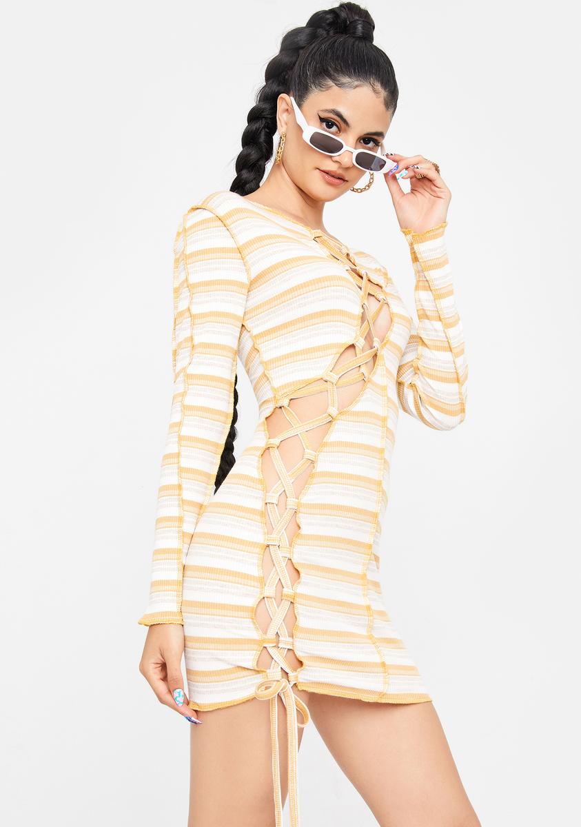 Striped Lace Up Bodycon Mini Dress - Yellow Dolls Kill Striped Lace Up Bodycon Mini Dress - Yellow Dolls Kill