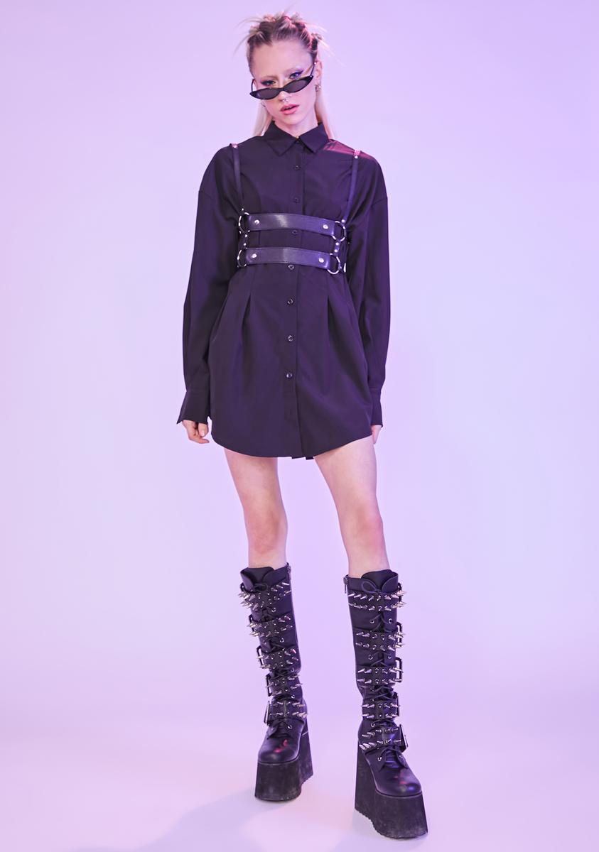 Long Sleeve Collared Fitted Waist Shirt Dress - Black Dolls Kill Long Sleeve Collared Fitted Waist Shirt Dress - Black Dolls Kill