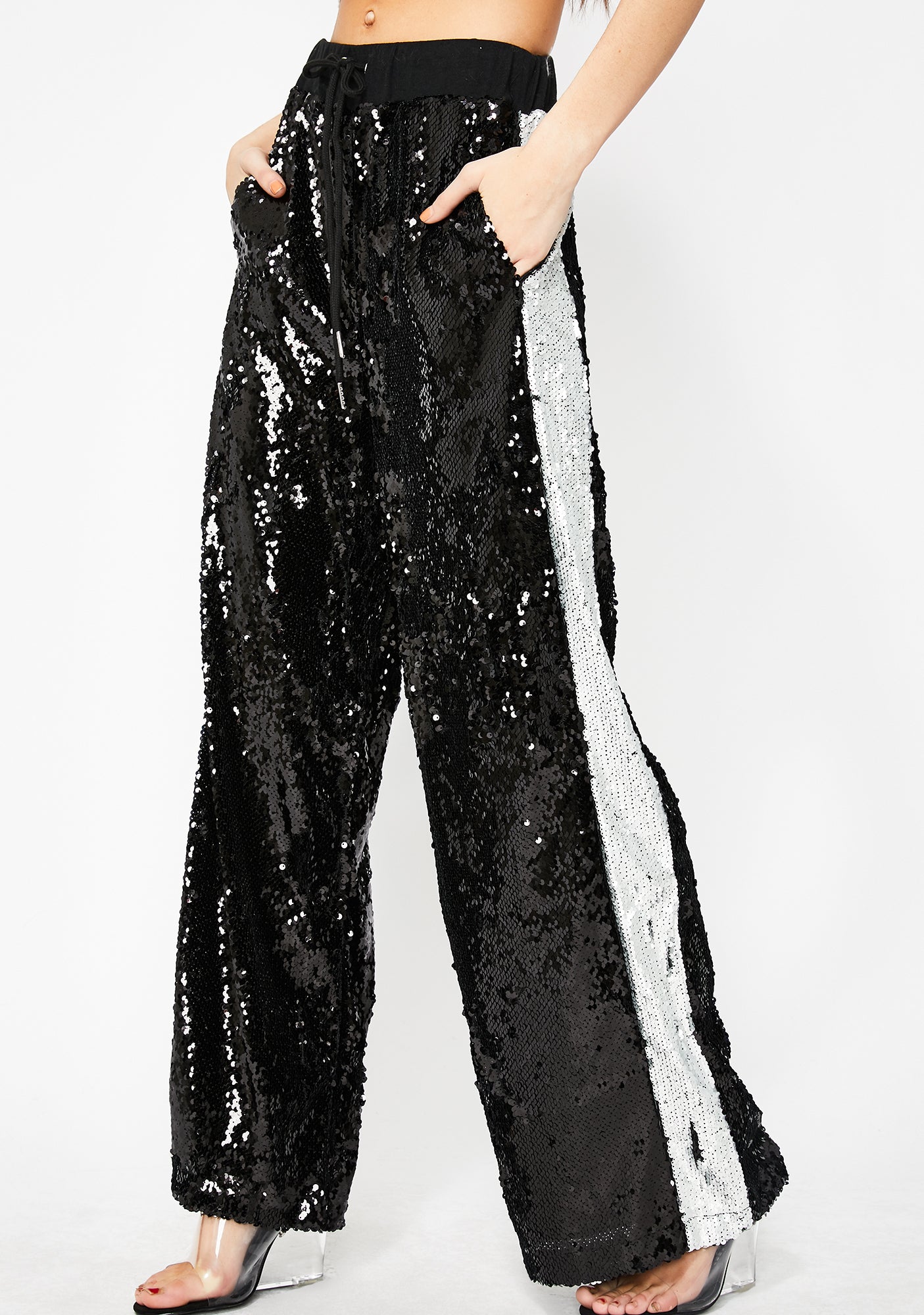 Black Silver Sequin Track Pants – Dolls Kill