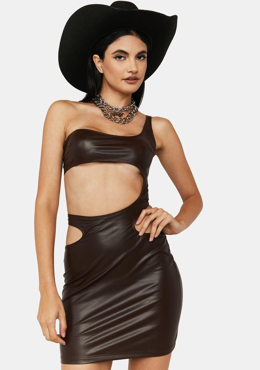 One Shoulder Hip Cut Out Vegan Leather Dress