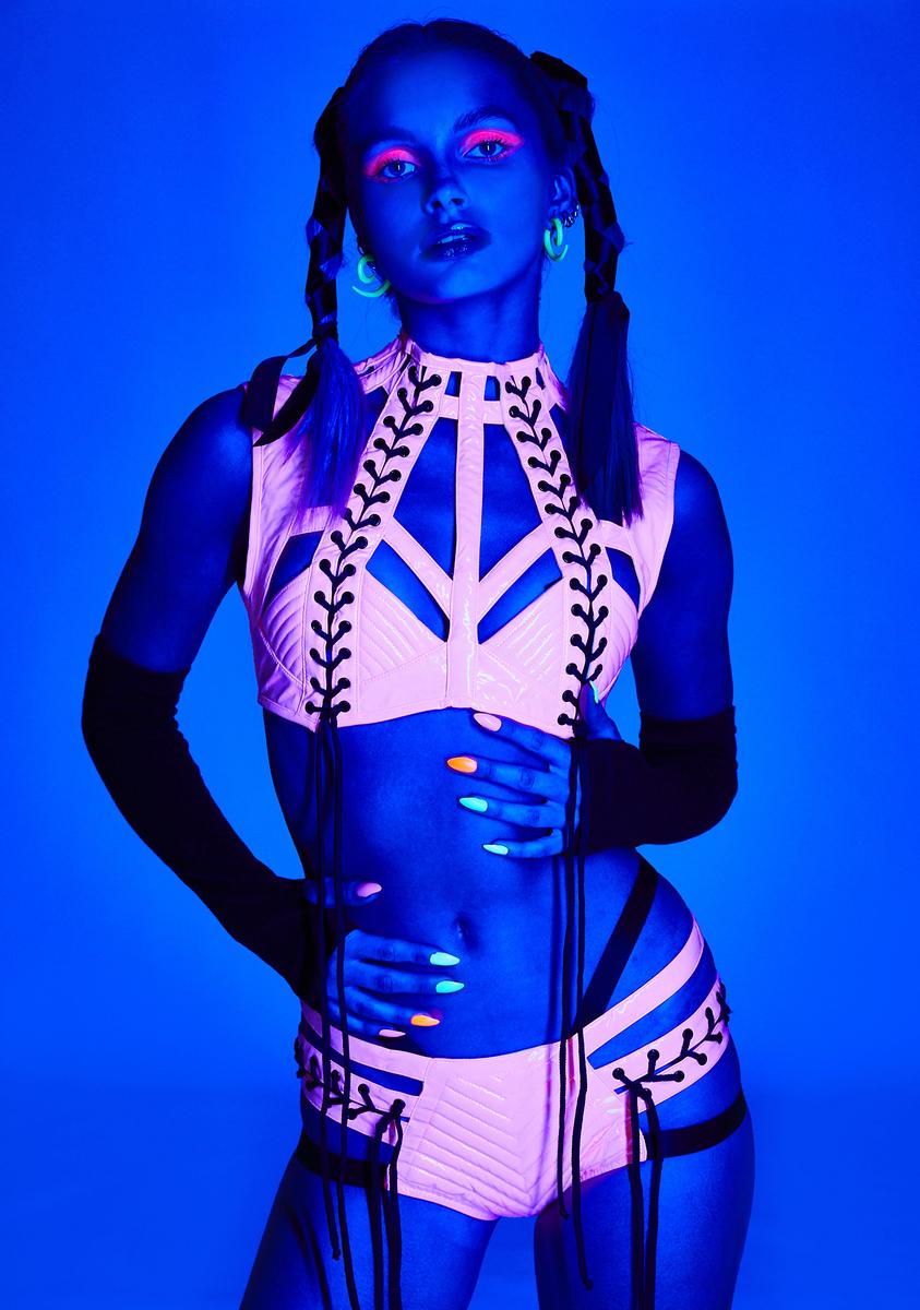 Club Exx Lace Up Harness Bra Top - Neon Pink Vinyl – Dolls Kill