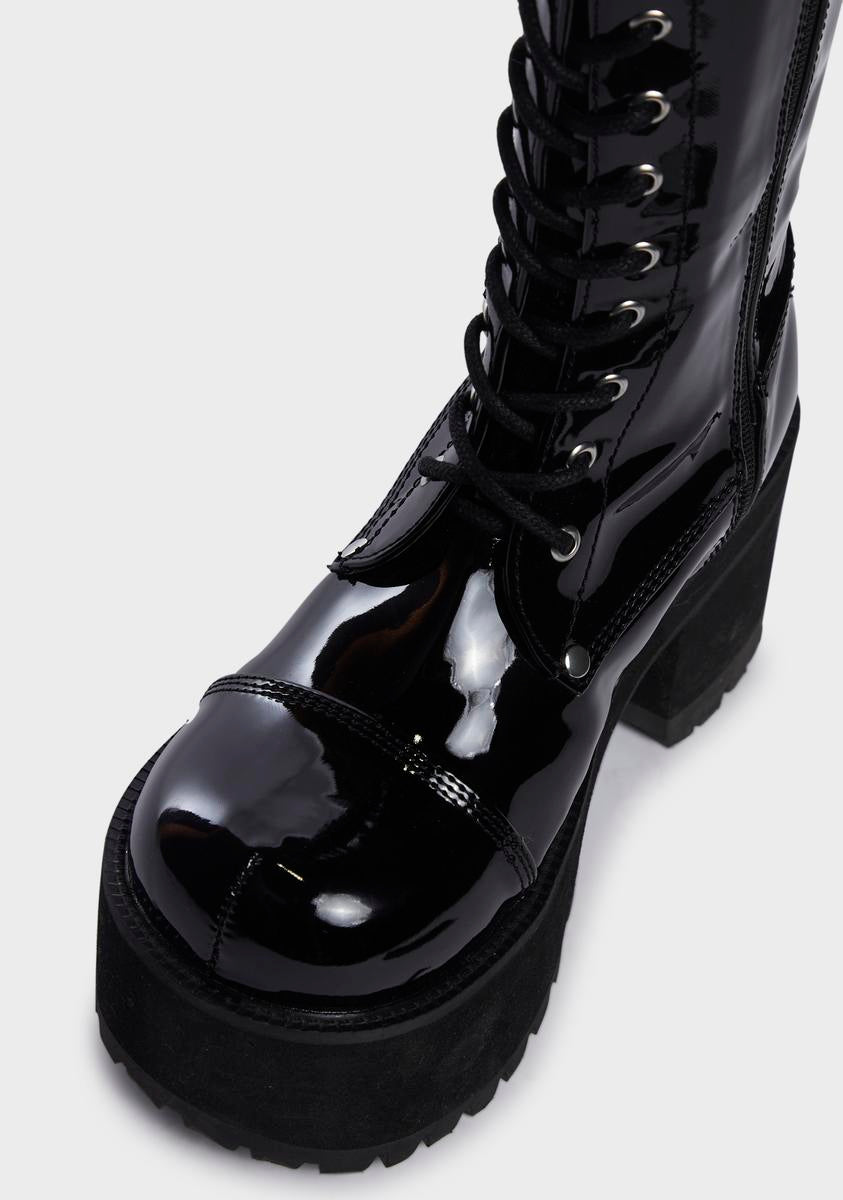 Bering strædet sponsor fordelagtige Demonia x Dolls Kill Patent Knee High Lace Up Platform Boots - Black