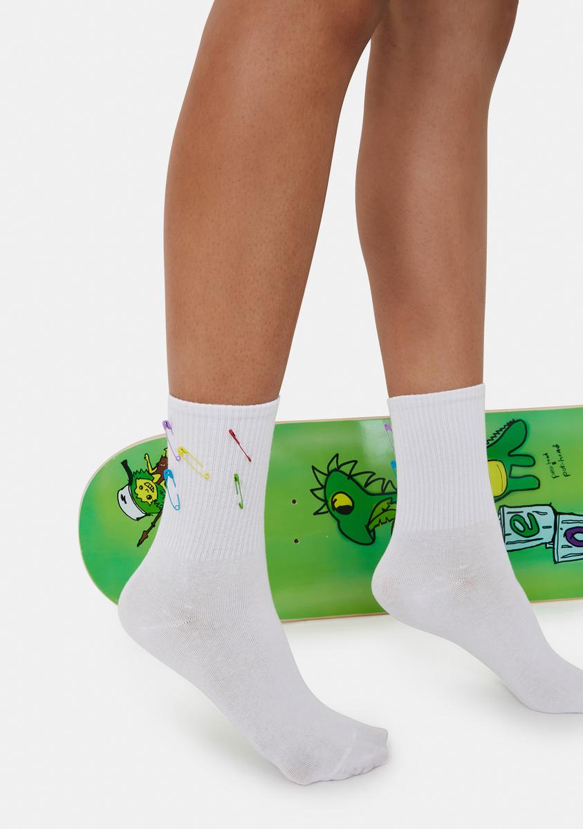 Ribbed Crew Socks With Rainbow Safety Pins - White – Dolls Kill