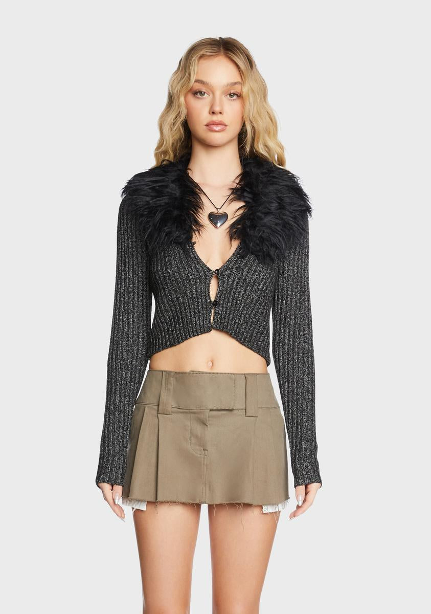 Pretty Garbage Ribbed Knit Faux Fur Collar Cardigan Top - Black – Dolls ...