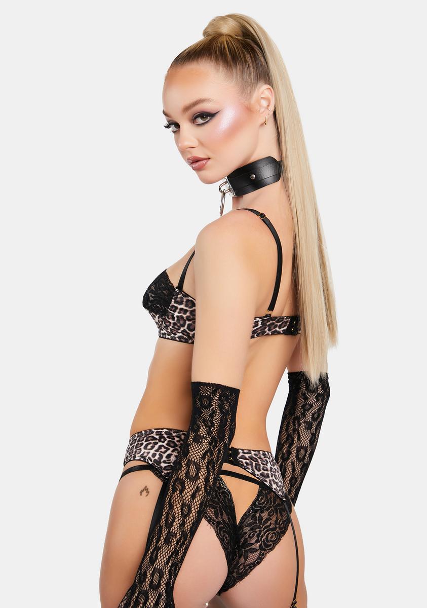 Oh La La Cheri Satin Leopard Print Bar, Panty, And Garter Lingerie Set -  Black  Dolls Kill